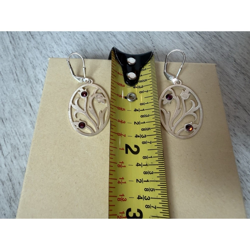 925 Sterling Silver Amethyst Dangle Earrings Brushed Filigree Floral Oval